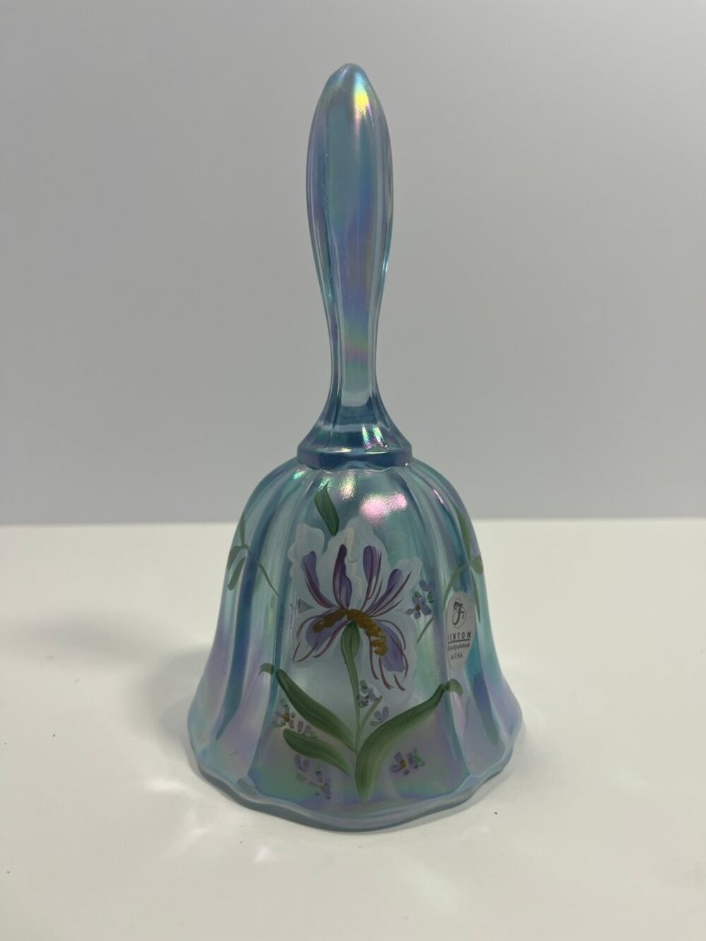 Fenton Hand Painted Blue Iridescent Art Glass Bell